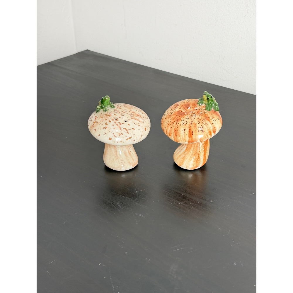 Vintage Signed Mushroom Frog Salt and Pepper Shakers Ceramic Toadstool Set